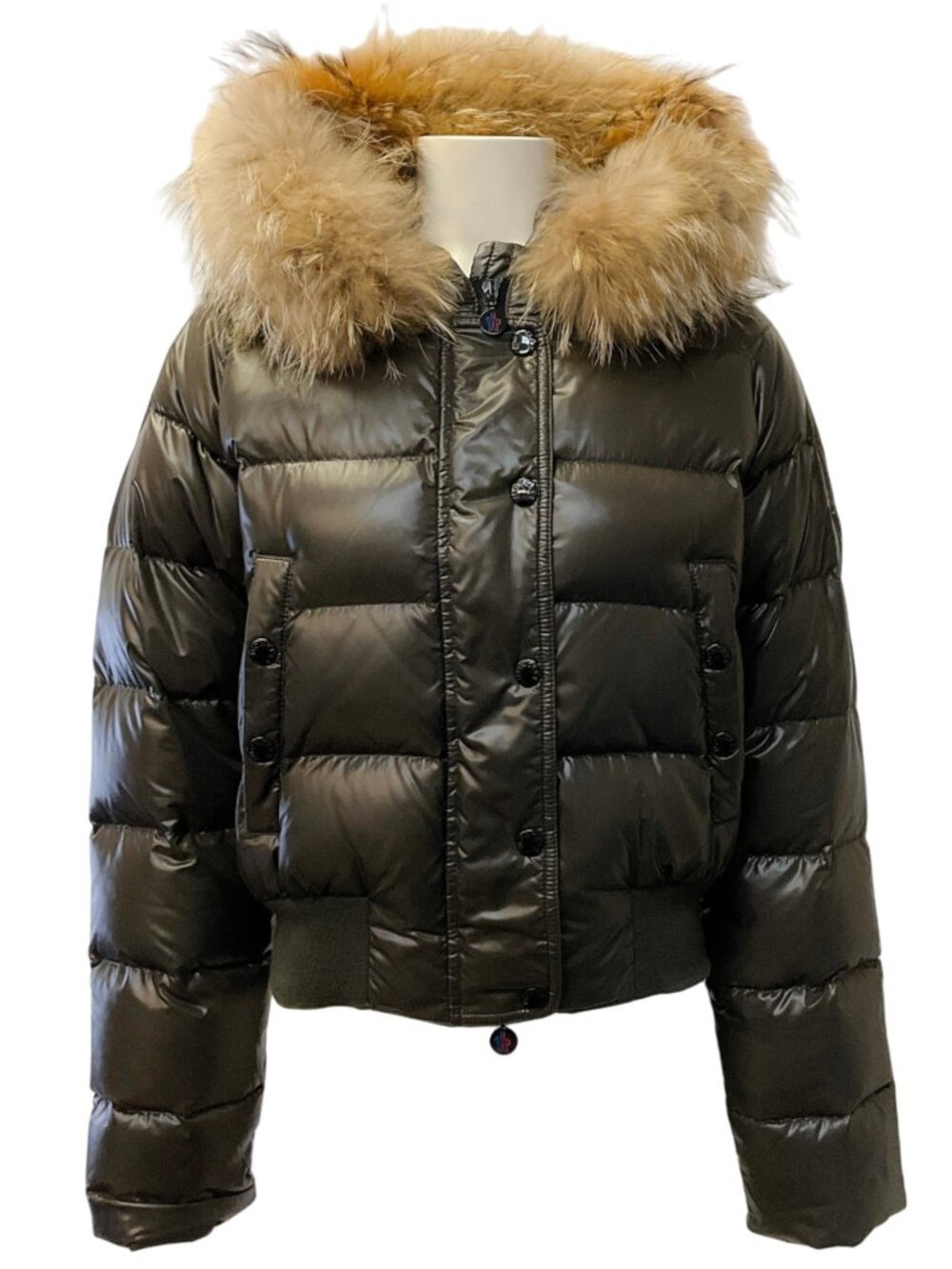 Moncler Olive Glossy Puffer Jacket with Racoon Trimmed Hood